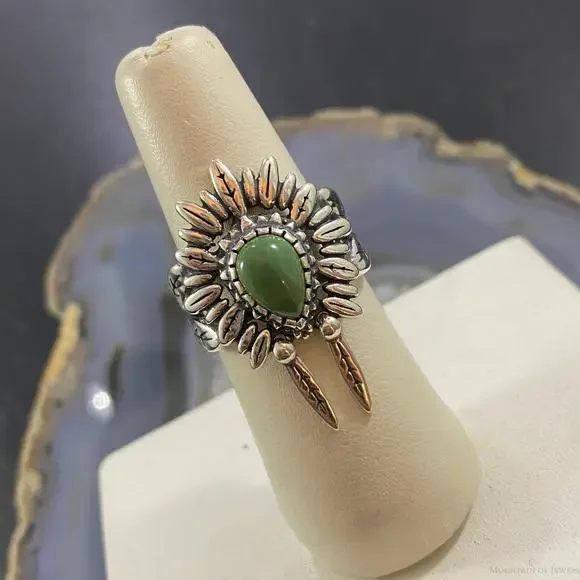 Carolyn Pollack Sterling Green Turquoise Chief Feather Headdress Ring For Women - Picture 2 of 10